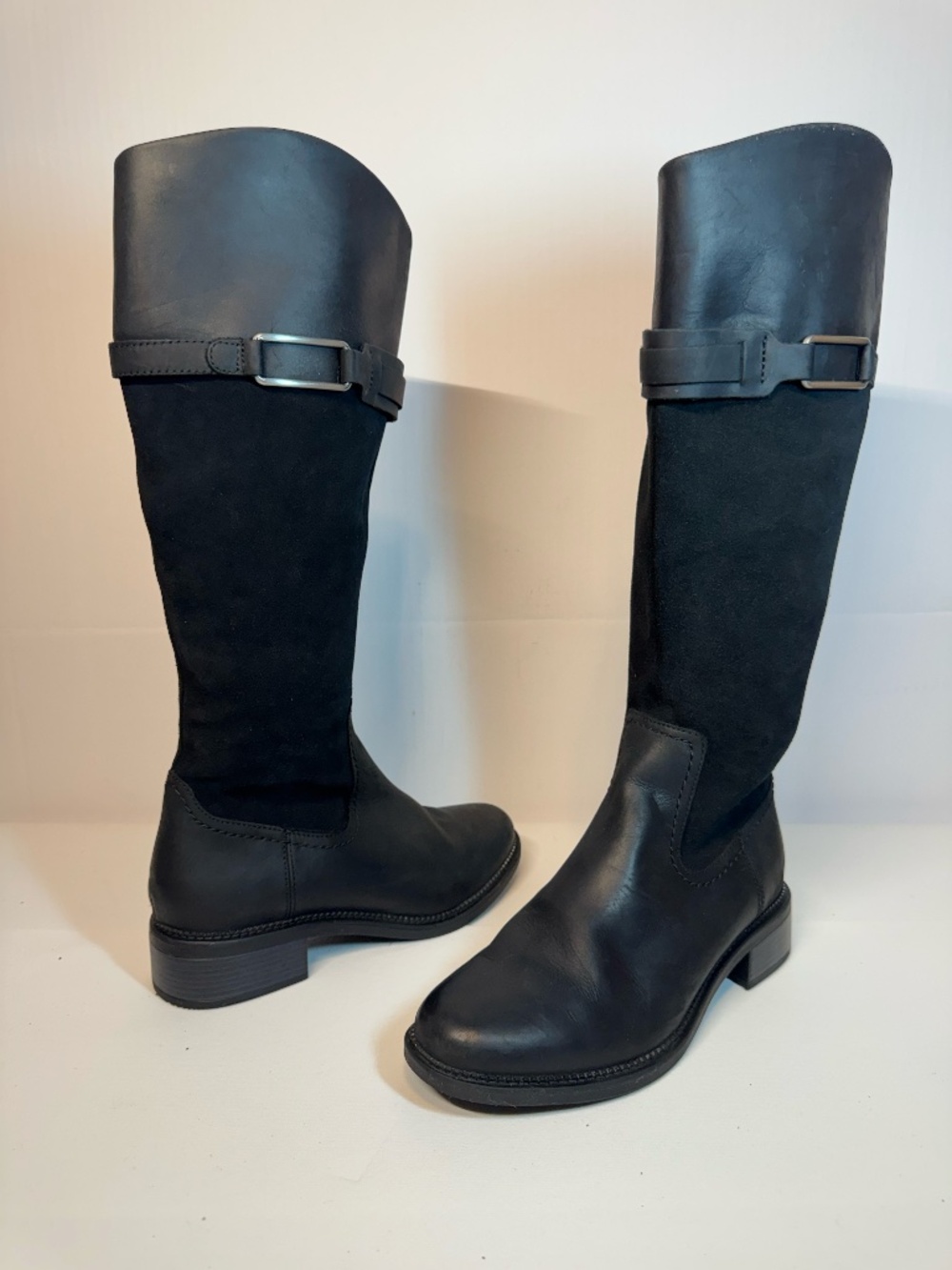 Clarks Black Mixed Material Knee High Riding Boots Buckle Zip Size 8.5M